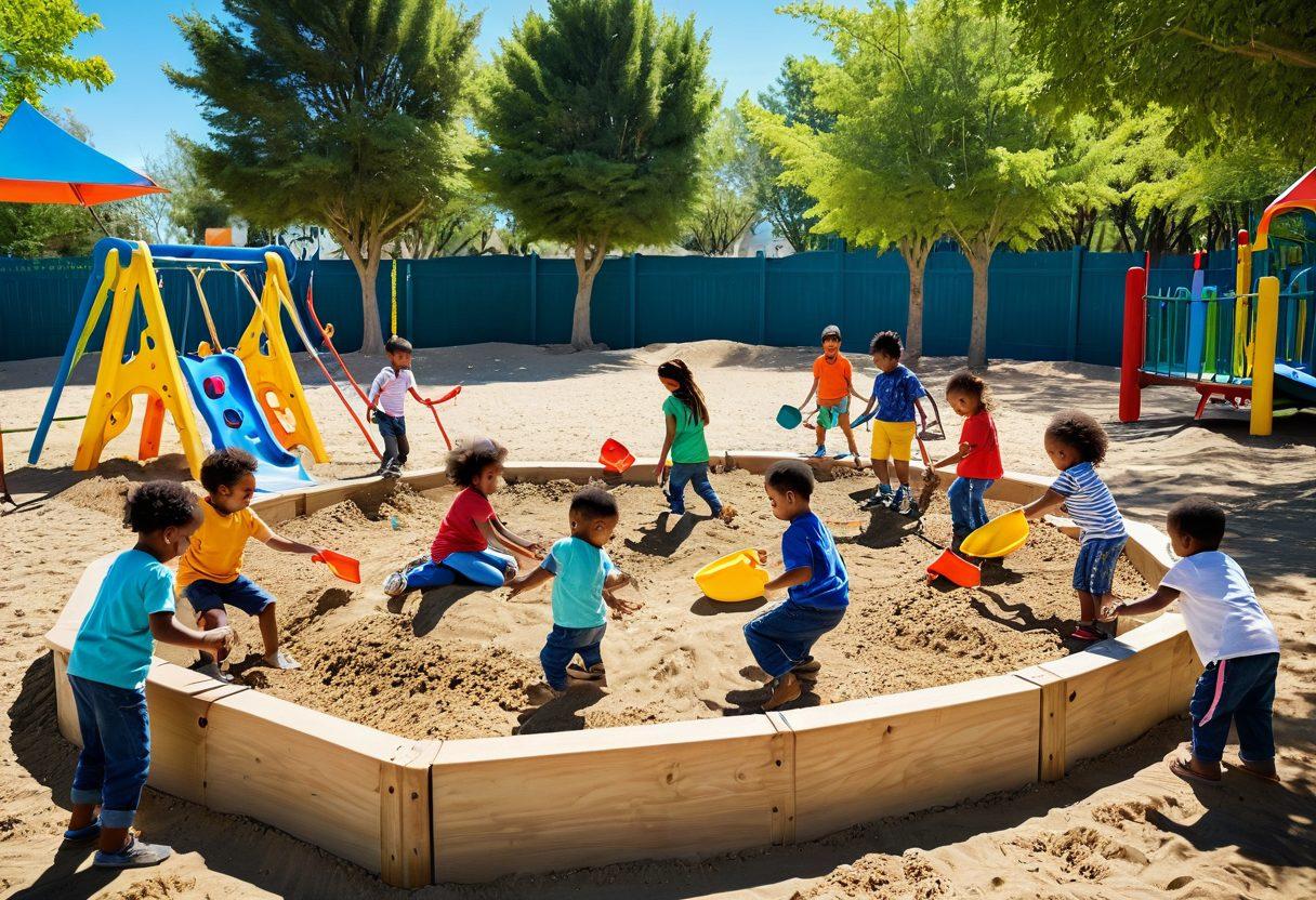 A vibrant scene depicting a sunny playground filled with children joyfully engaged in sandbox play, building castles and creating imaginative structures. Include diverse kids of different ethnicities, showcasing collaboration and laughter, surrounded by colorful toys and shovels. In the background, add green trees and a bright blue sky to enhance the joyful atmosphere. super-realistic. vibrant colors. 3D.