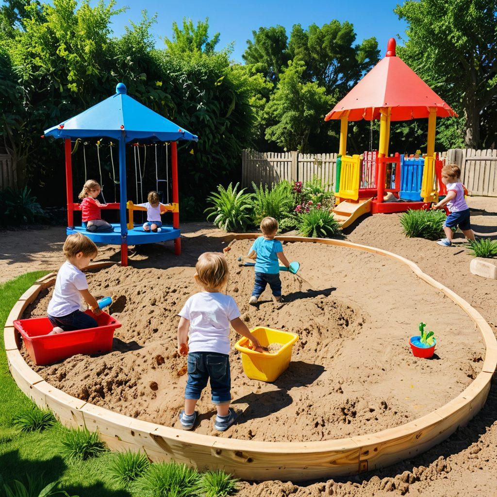 A vibrant playground scene featuring children joyfully playing in a sandbox, building castles and sculptures with colorful buckets and shovels. The background includes lush greenery and bright flowers, symbolizing nature's beauty. Parents are engaging with their children, encouraging them to explore and create. The image should convey a sense of joy, exploration, and learning through play. super-realistic. vibrant colors. sunny day.