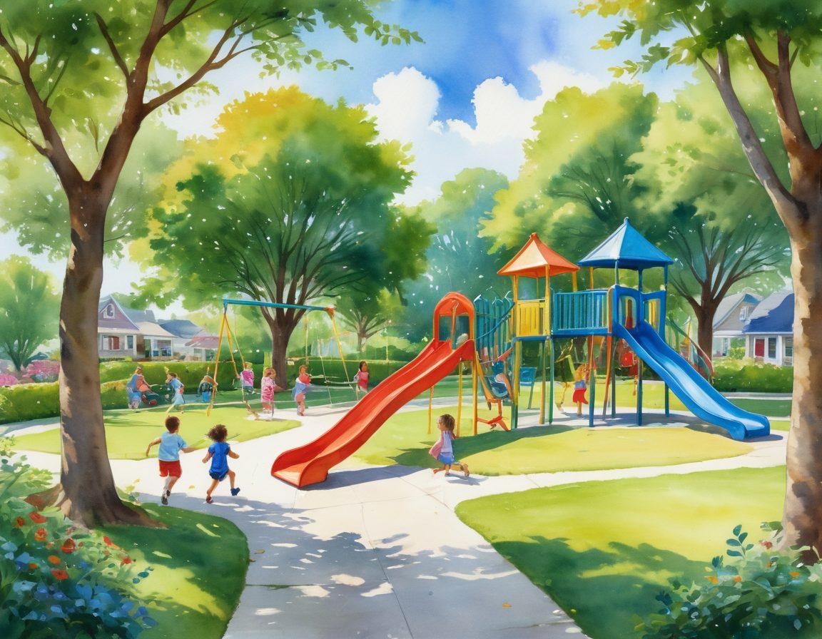 A vibrant playground scene filled with children joyfully engaging in various games, such as tag and hopscotch. Include colorful equipment like swings and slides, with trees and a bright blue sky in the background. Show diversity among the children, capturing their laughter and excitement. The atmosphere should feel energetic and inviting. watercolor painting. vibrant colors.